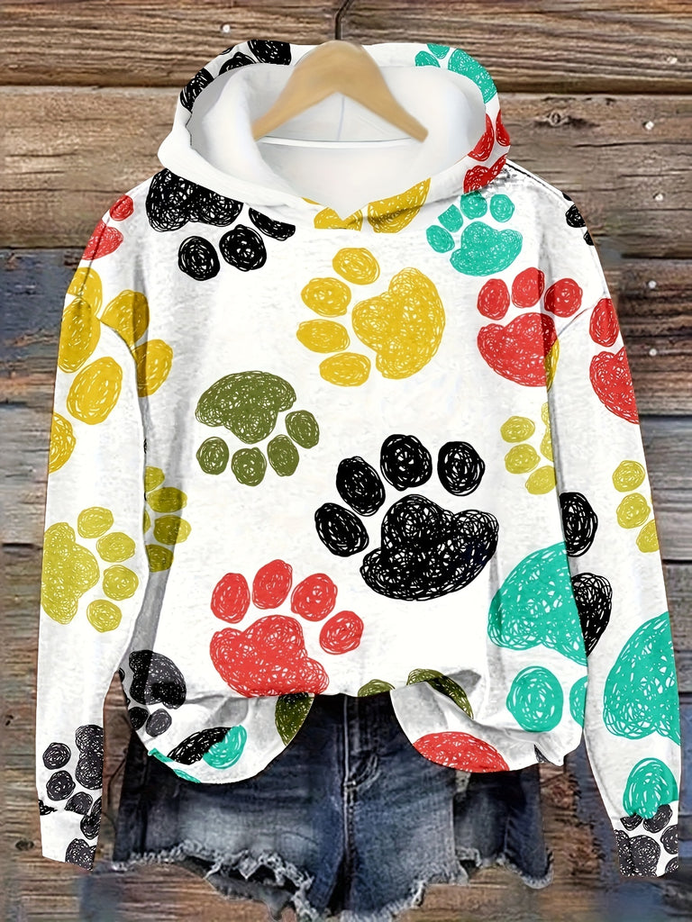 Dog Paws Print Pullover Sweatshirt, Casual Long Sleeve Hooded Sweatshirt For Spring, Women's Clothing