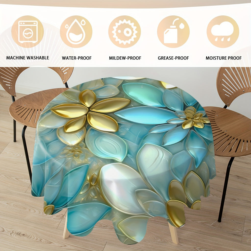 Elegant Golden & Jade Floral Round Tablecloth - Stain & Waterproof, Perfect for Parties, Home Kitchens, and Outdoor Events