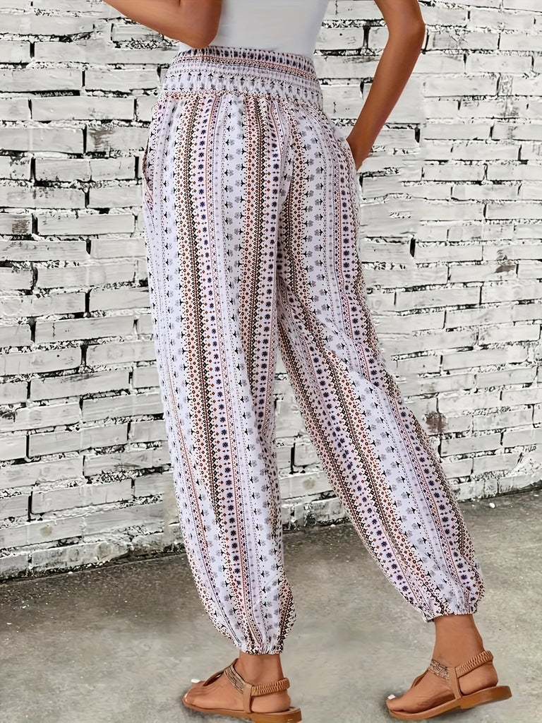 Chic Tribal Print Boho Jogger Pants - Fashionable High Waist, Comfortable Loose Fit with Eye-Catching Buttons - Perfect for Spring & Summer - Womens Bohemian Style Clothing