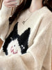 1pc Women's Casual Polyester Sweater, Cartoon Cat Print, Round Neck, Oversized Pullover, Contrast Color, Knitted Fabric, Autumn/Winter Fashion Top