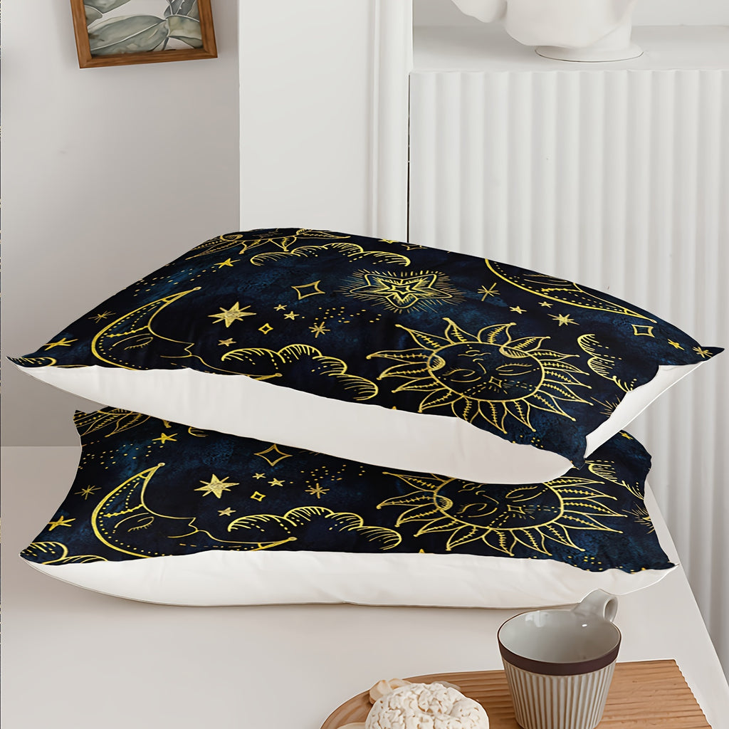 Sun and Moon Comforter Set, Starry Sky Celestial Star Bedding Set, Blue Golden Bohemian Gothic Comforter Set