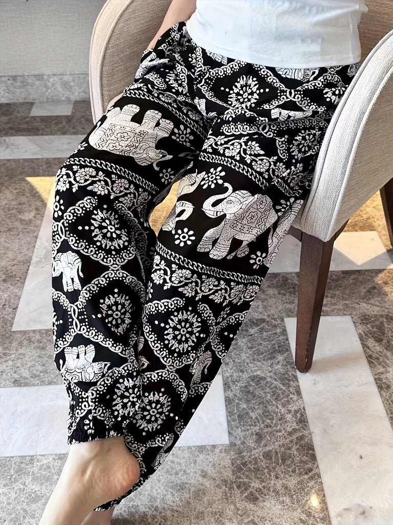 Vibrant Elephant Print Fitted High Waist Joggers - Comfortable Drawstring Pants with Elastic Waistband, Soft Fabric, and Relaxed Fit for Spring and Summer - Women's Casual Clothing for Everyday Wear