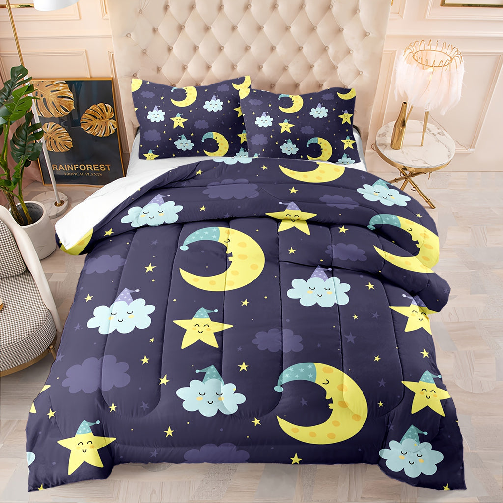 3-Piece Star Night Comforter Set, Cartoon Moon Bedding Set, Stars Comforter Set, Star And Moon Bedding Cloud, Starry Night Bedding Set 1 Quilt 2 Pillowcases