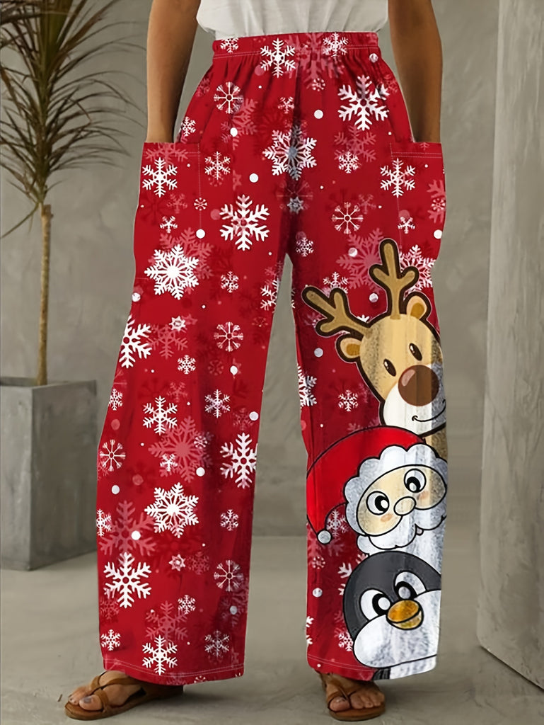 Cute Christmas Print Elastic Waist Pants, Casual Pants With Pocket For Fall & Winter, Women's Clothing