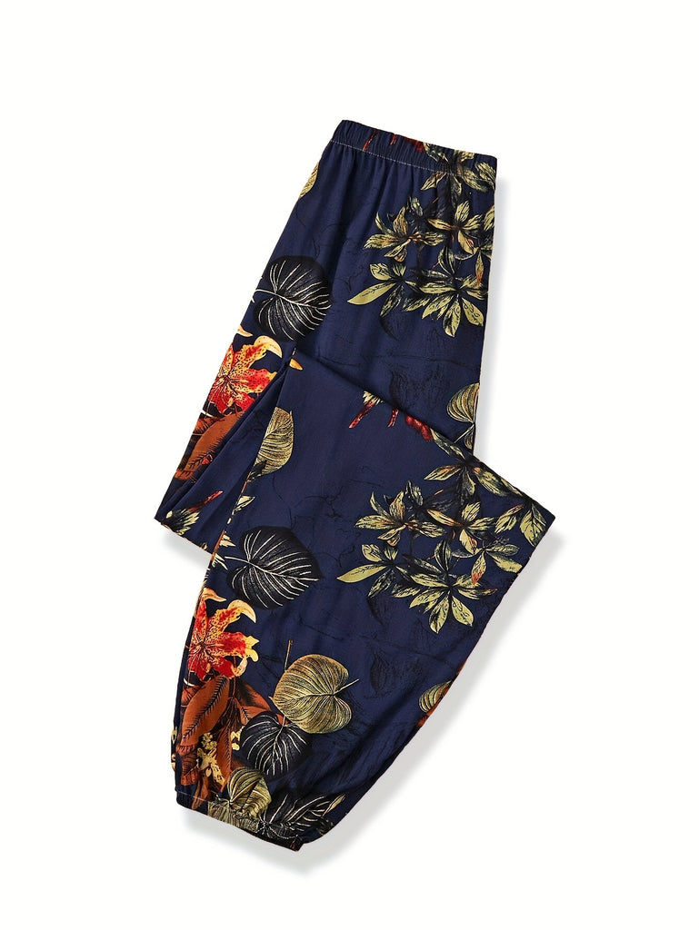 Women's Vacation-Ready Floral Print Joggers - Elastic Waist, Breathable Polyester Blend, Machine Washable