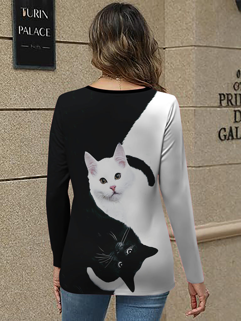 Cat Print V Neck T-Shirt, Elegant Long Sleeve T-Shirt For Spring & Fall, Women's Clothing