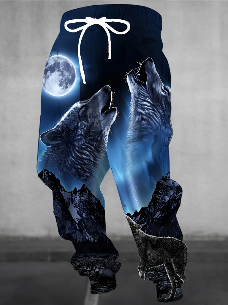 Men's Roaring Wolves & Moon Print Jogger Pants With Drawstring, Casual Sports Trousers As Gift