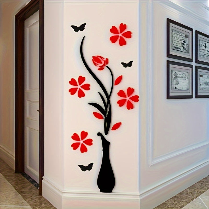 Contemporary Acrylic Wall Decals with 3D Vase and Blooms Design, Matte Finish, Washable, Self-Adhesive Floral Artwork, Reusable Space Theme Decor with Butterflies and Flower Embellishments