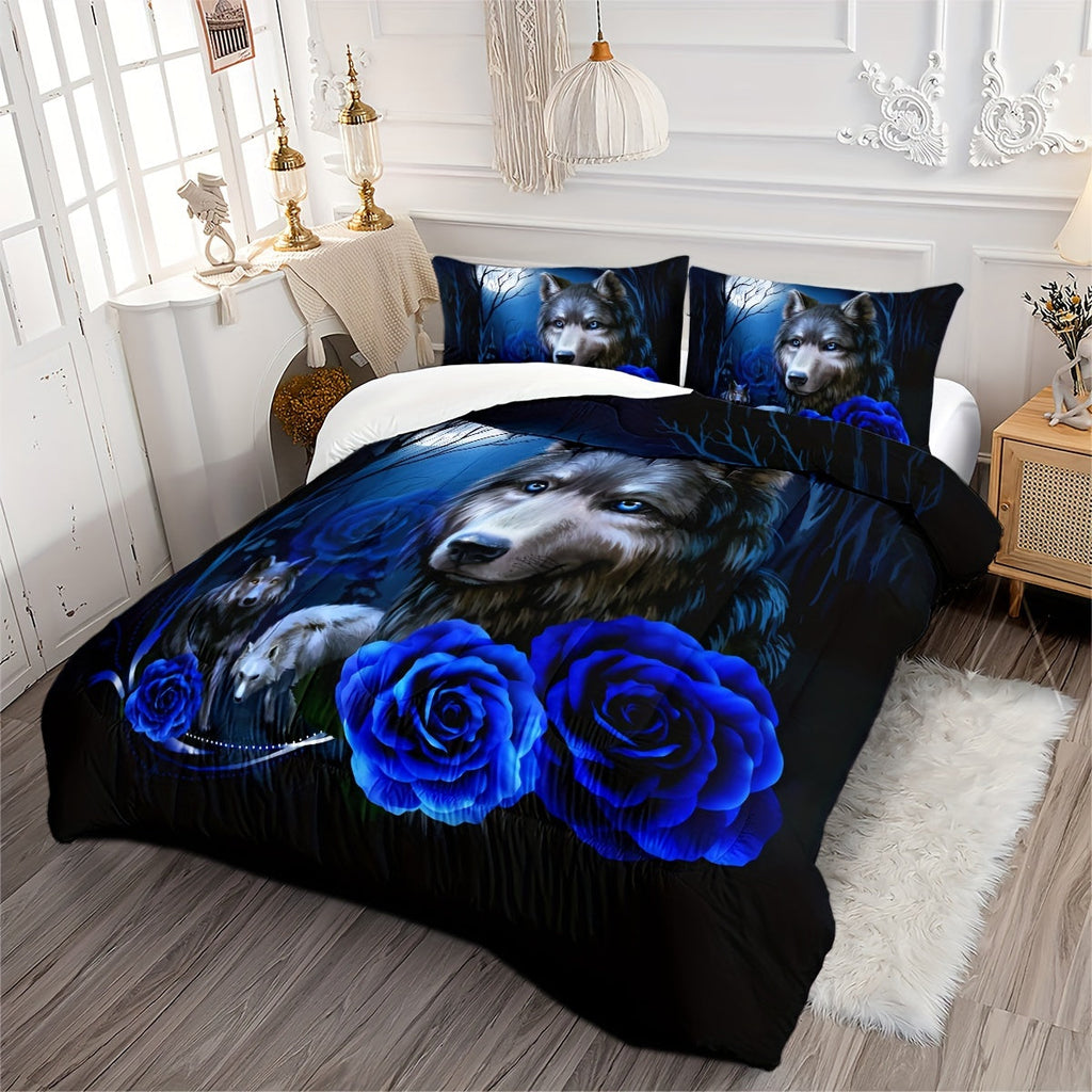 Wolf King Size Comforter Set Blue Flower Bedding Wolves Animal Print Floral Duvet Insert Blossom Branch Howling Wolf Comforter 3D Safari Animal Theme Duvet Room Decor For Boys Girls