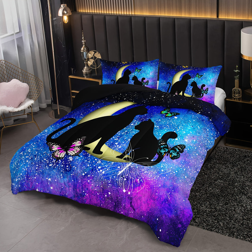 3Pcs Black Cat Bedding Cartoon Cat Comforter Set, Butterflies Moon Printed Bedding Set For Adults All Season, 1 Quilt 2 Pillow Cases