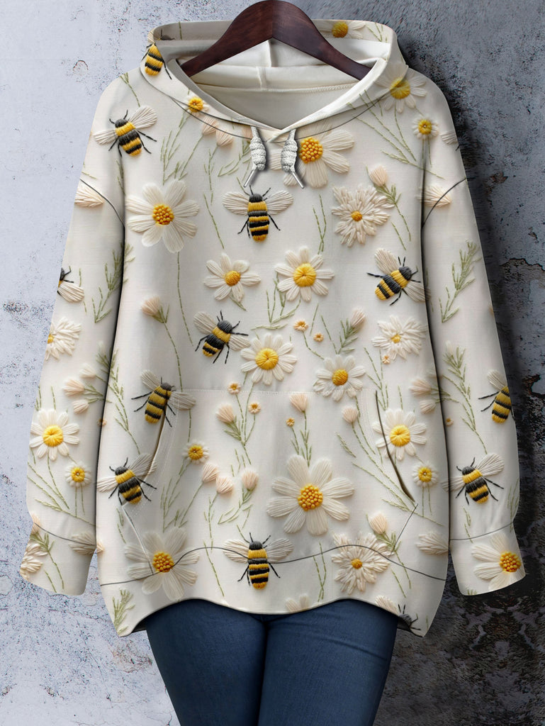 Plus Size Bee & Floral Print Drawstring Hoodie, Casual Long Sleeve Kangaroo Pocket Hooded Sweatshirt For Fall & Winter, Women's Plus Size Clothing