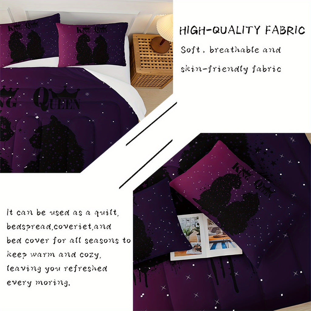 3pcs King and Queen Black Cat Galaxy Comforter Set, Purple - Soft, Breathable, Allergen-Free Polyester Bedding with Digital Print, Modern Fashion Home Dorm Decor, Includes 1 Comforter and 2 Pillow Cases