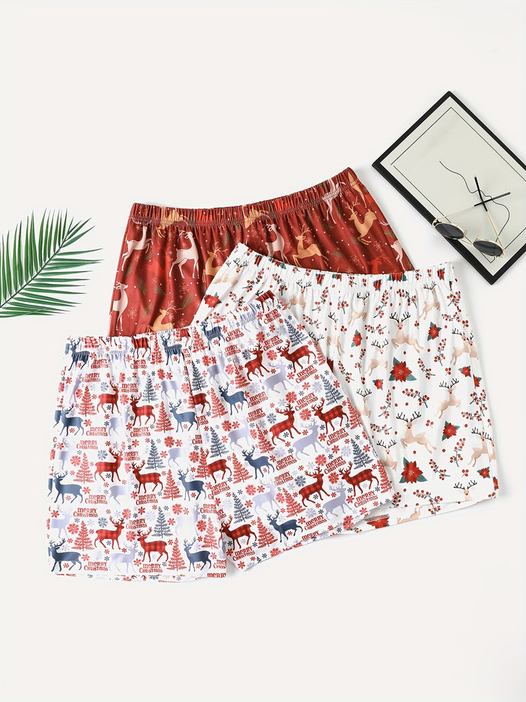 3 Packs Cartoon Elk Print Lounge Bottoms, Comfy & Soft Elastic Waistband Shorts, Womens Loungewear & Sleepwear