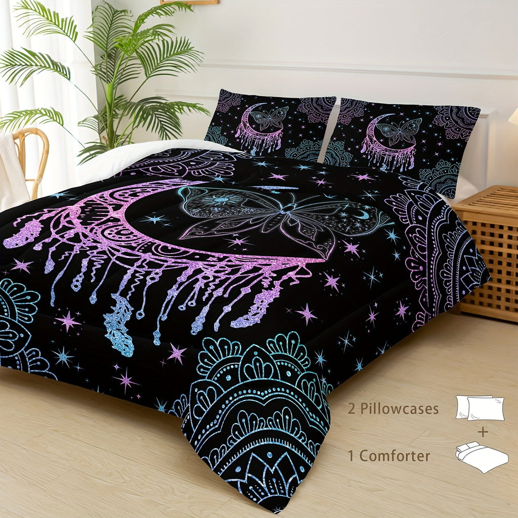 3pcs Sun Moon Butterfly Mandala Print Comforter Set (1 Comforter + 2 Pillowcase Without Pillow Insert) For All Seasons, Microfiber Rainbow Gradient Bedding Set For Bedrooms Decoration