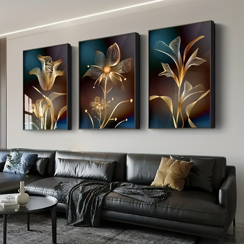 Black Color And Gold Color Style Canvas Wall Artwork, Abstract Black And Gold Line - Bloom Floral Modern Art Picture, For Modern Living Room Bedroom Decor (framed, 3Pcs)