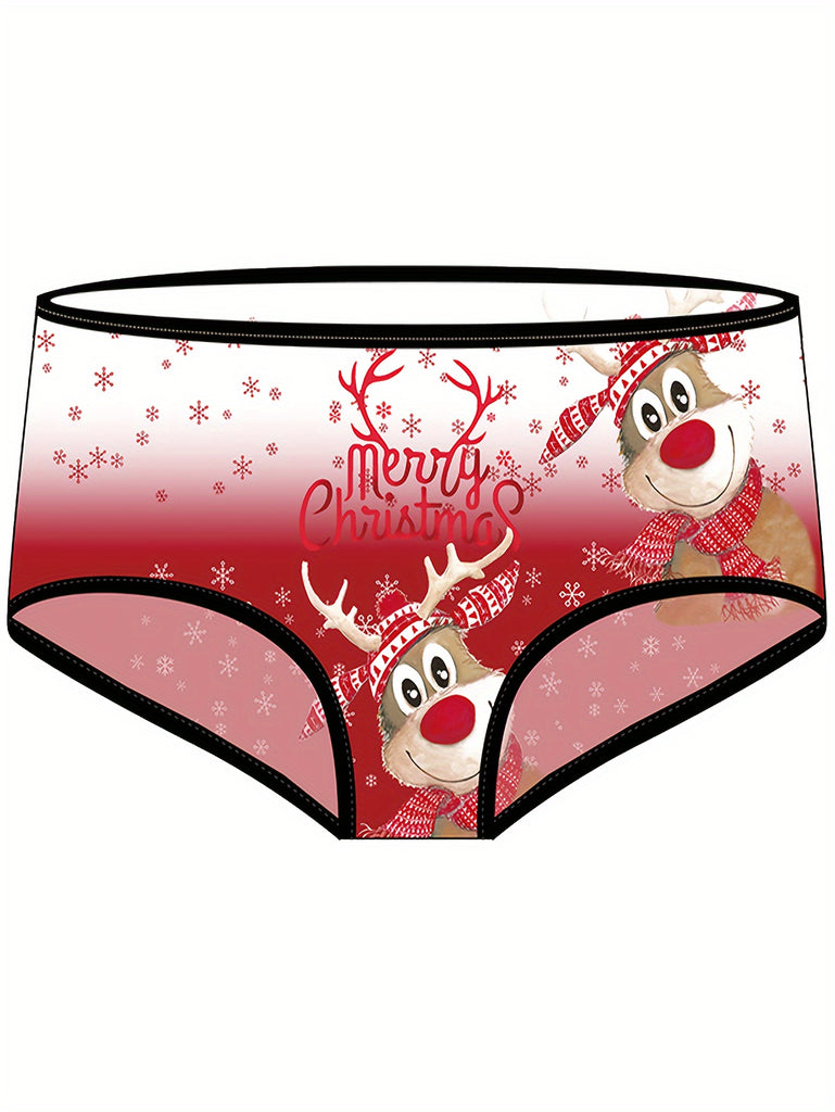 3pcs Women's Christmas-Themed Cartoon Reindeer Print Briefs - Breathable, Quick-Dry Polyester & Spandex Blend, Low-Rise, Seamless Comfort Fit Underwear Set