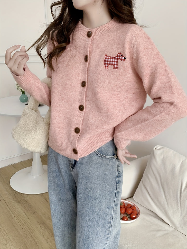 Bowknot Print Knitted Cardigan, Casual Long Sleeve Crew Neck Button Front Cardigan For Fall & Winter, Women's Clothing