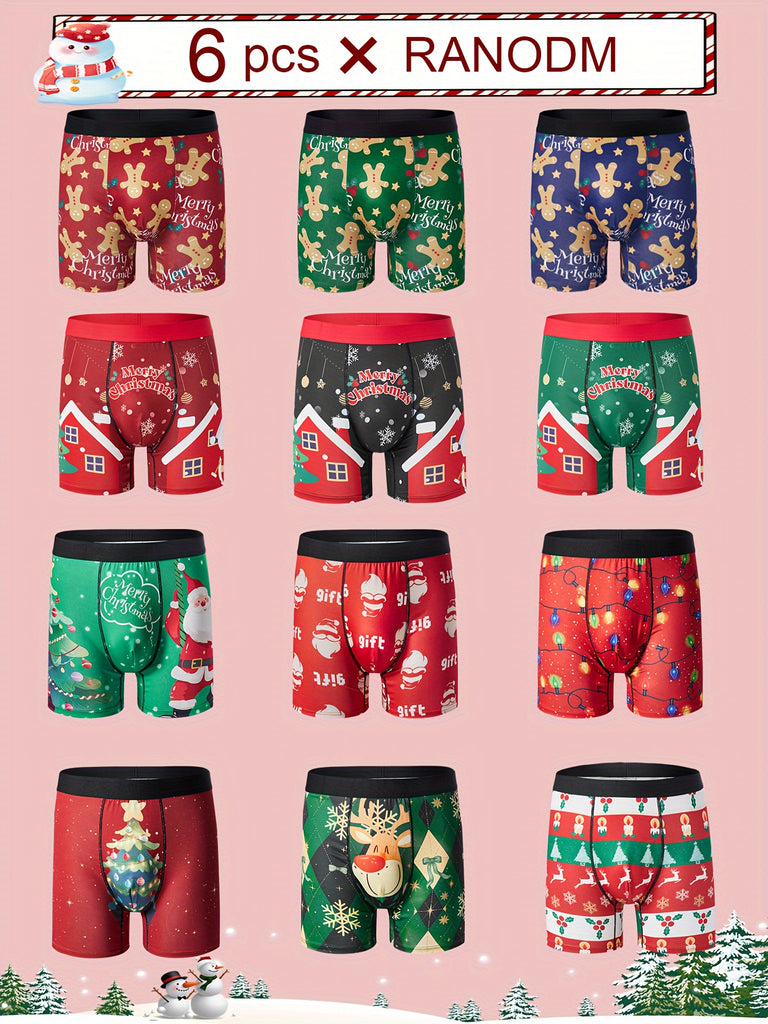 6-Pack Festive Men'S Boxer Briefs, Assorted Christmas Patterns, Comfortable Polyester Knit Fabric, Medium Stretch, Wide Waistband, Breathable Daily & Casual Underwear, Holiday Gift Essentials