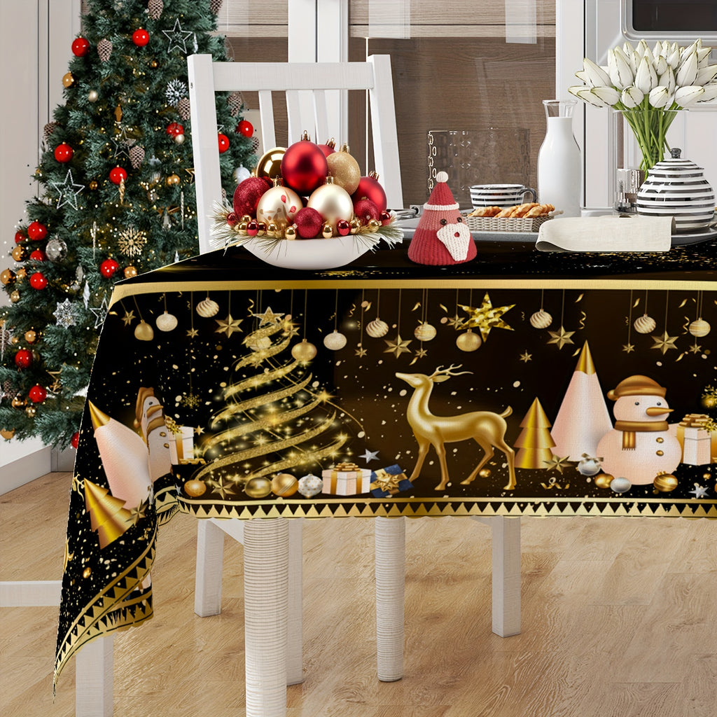 Christmas Holiday Tablecloth - Festive Polyester Table Cover with Golden Reindeer, Christmas Tree, and Snowman Design - Machine Made Weave for General Fit | Durable Polyester for Home & Party Decor - Ideal New Year Gift (Pack of 1)