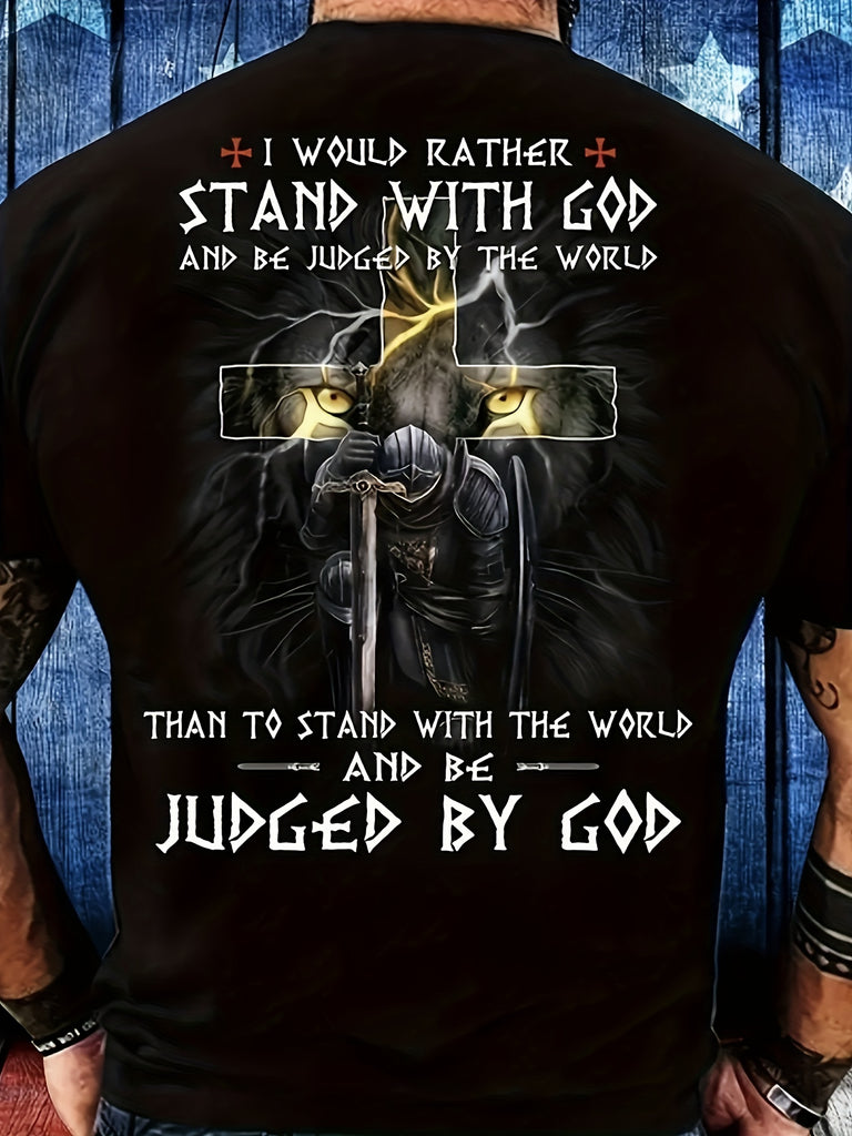 Men's STAND WITH GOD Graphic Tee - Crew Neck, Regular Fit, Durable Stretch, Ideal For Sports & Casual Wear