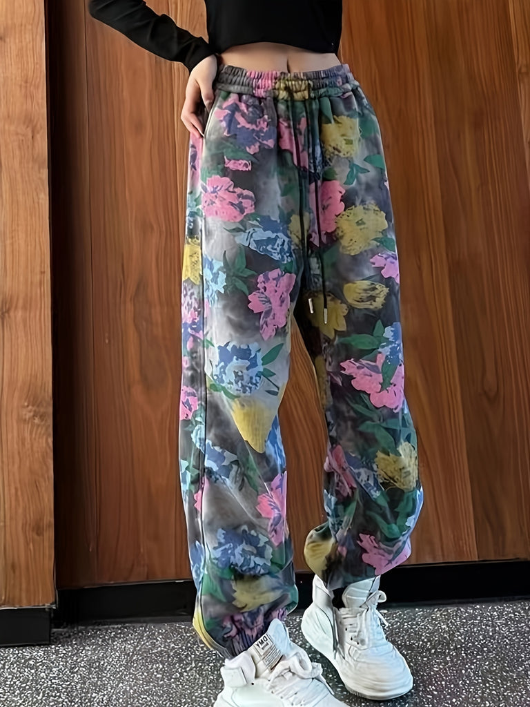 Elegant Floral Print Drawstring Joggers - Thick, Casual & Stylish Women's Pants for Spring/Fall