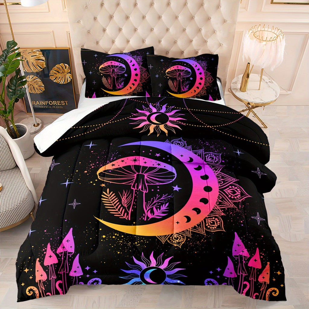 3Pcs Sun And Moon Bedding Set, Mushroom Comforter Set Boho Exotic Style Bedding Set Cosmic Planets, Bohemian Bedding Astrology Comforter For Adults Women, 1 Quilt 2 Pillowcases, Black