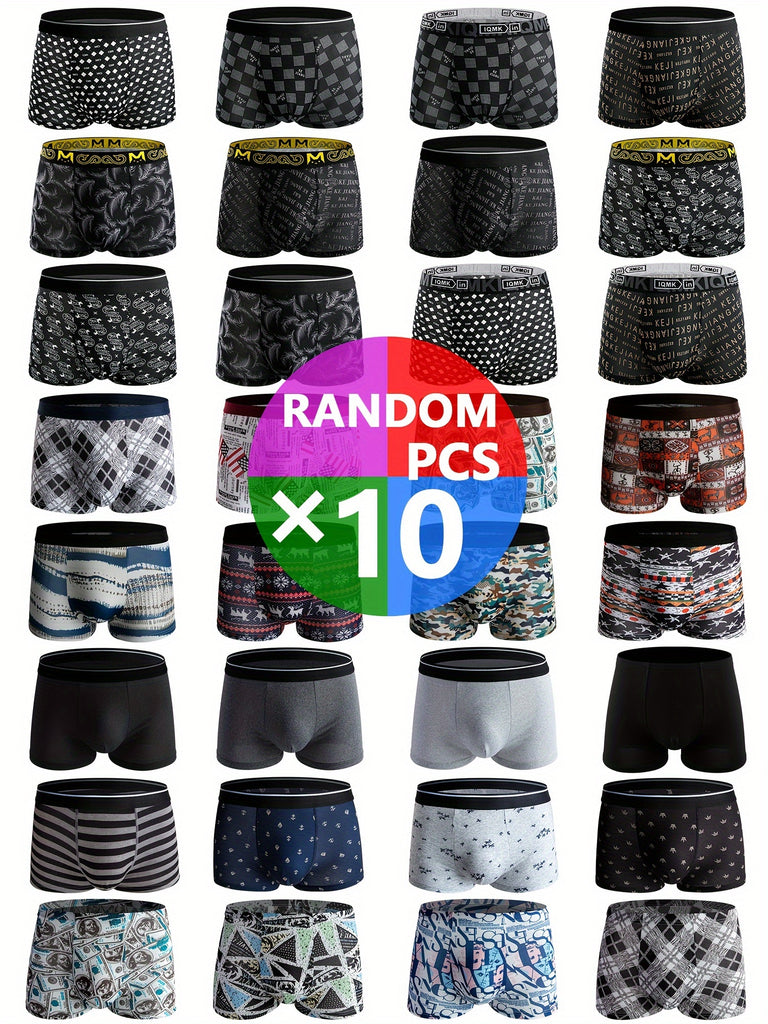 10 Piece Set Of Randomly Printed Men's Underwear, Men's Daily Casual Boxer Shorts, Men's Stretch Boxer Shorts