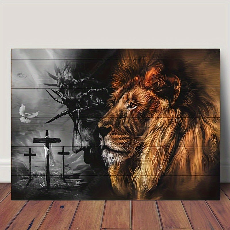 1pc Wooden Framed Canvas Painting - Lion Of Judah Canvas Poster - Religious Theme Pictures Print Painting Wall Art - For Office, Bathroom, Living Room Decor - Inspirational Quotes Canvas Wall Art Decoration - Ready To Hang - Perfect Gift for Her & Him