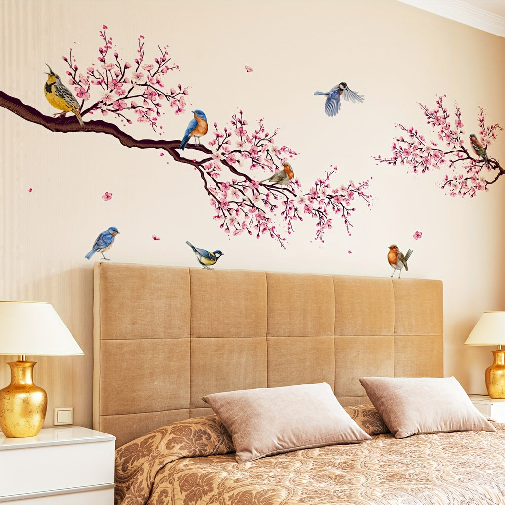 A set of two (11.81*23.62inch*2pcs) peach blossom branch and bird wall stickers for living room background wall room decoration wall stickers self-adhesive wholesale wall stickers (MS8060)