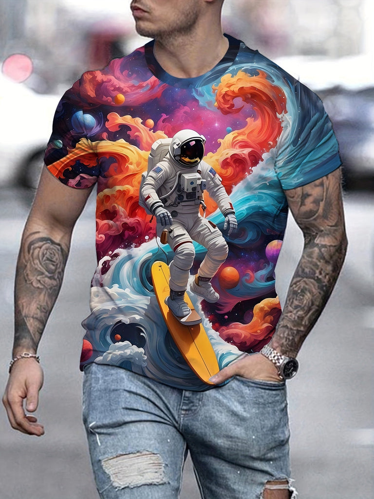 Men's Color Astronaut Pattern Printed T-shirt - Lightweight Short sleeved Round Neck, Perfect for Outdoor Adventure and Daily Style