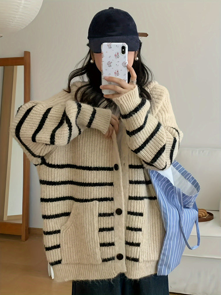 Women's Autumn/Winter Knit Cardigan With Hood, Polyester Blend, High Stretch, Random Print, Korean Style