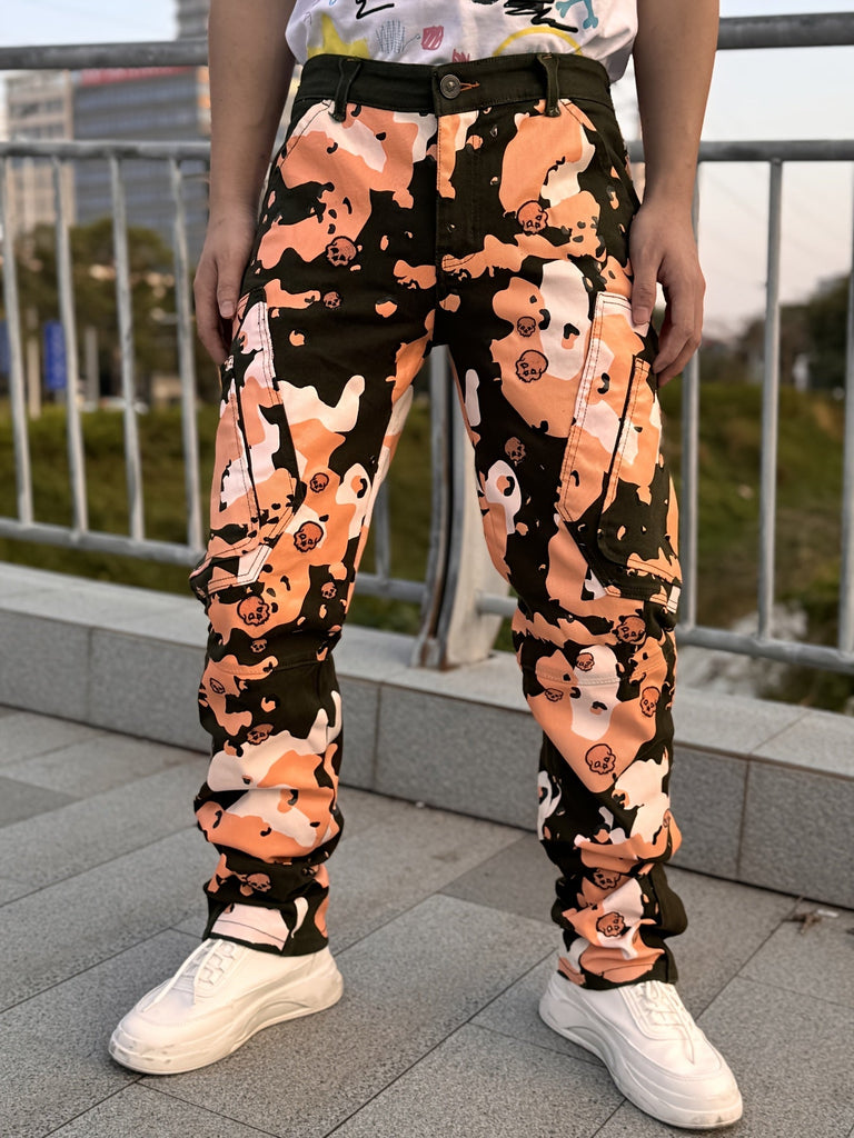 Men'S Fashion Camo Print Jeans, Cotton Blend, Medium Stretch Skinny Fit, with Embroidered Detail, Zipper Fly, Front Pockets, Back Pockets with Chain Hem, for All-Season Woven Trousers