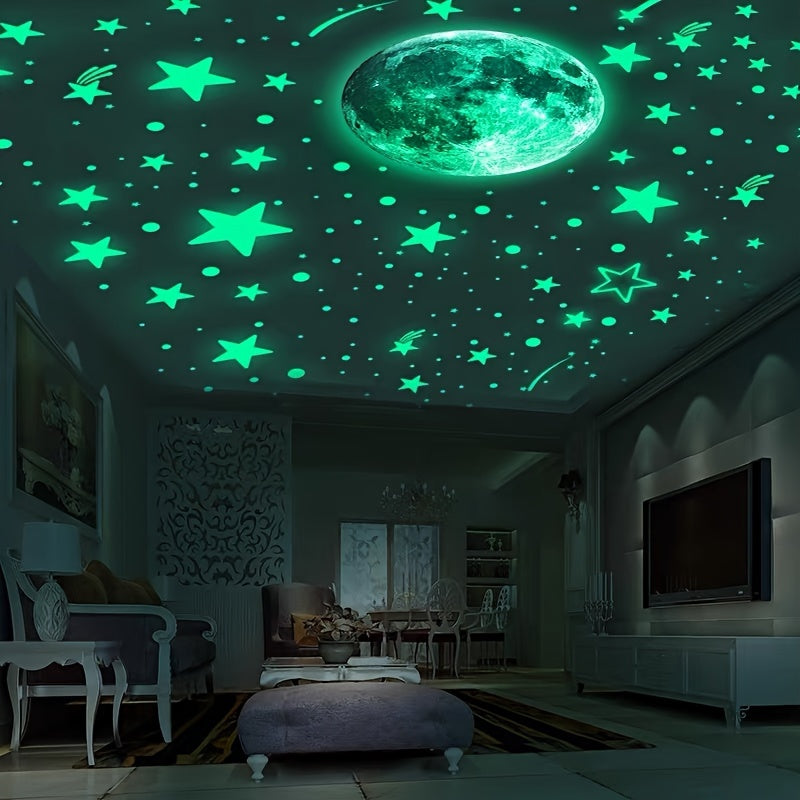 5pcs Glow-in-the-Dark Wall Decals - Luminous Moon, Stars & Dots Stickers for Bedroom and Living Room Ceiling Decor, Fluorescent Green, Self-Adhesive