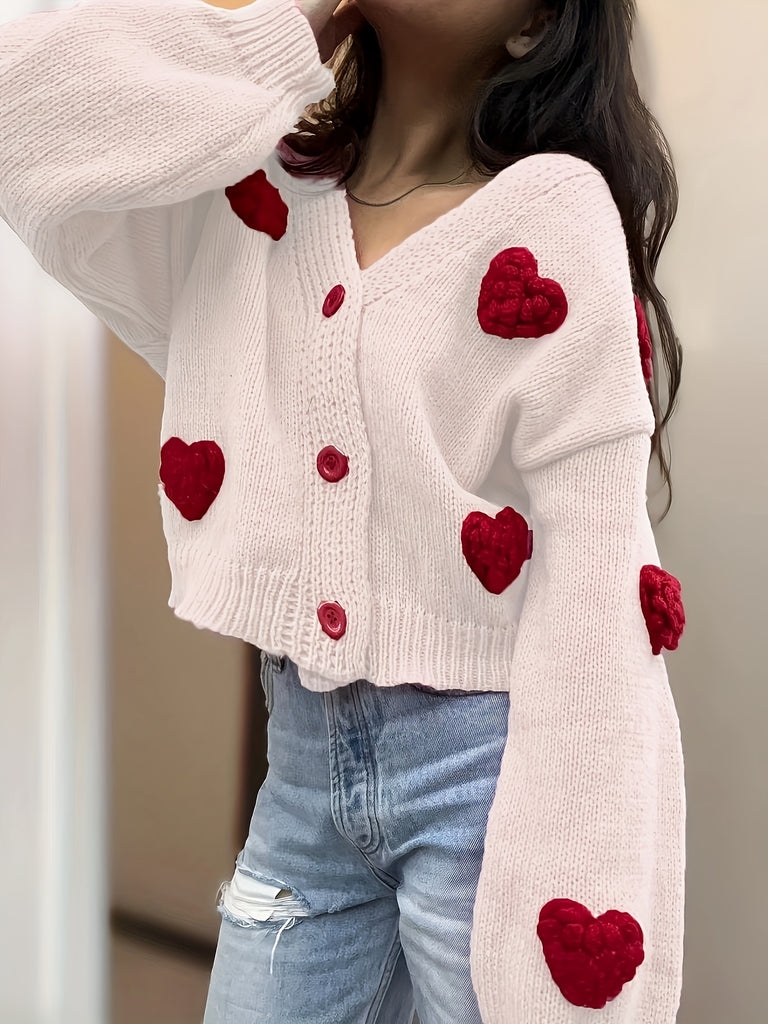 Heart Pattern Button Down Knit Cardigan, Casual V Neck Long Sleeve Loose Sweater, Women's Clothing