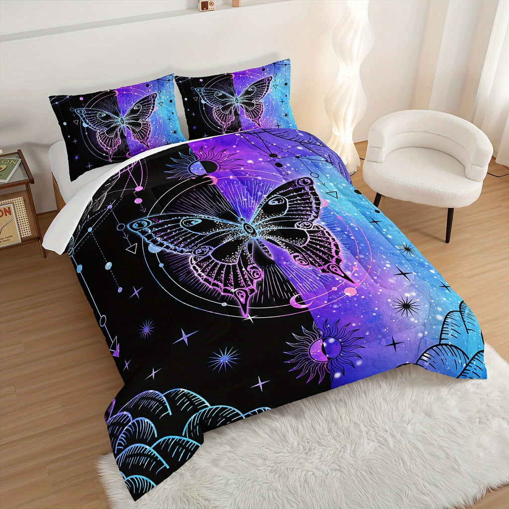 3pcs Fashion Comforter Set (1 * Comforter + 2 * Pillowcase, No Core), Starry Sky Butterfly Print Aesthetic Bedding Set, Soft And Comfortable Skin-friendly For Bedroom, Guest Room