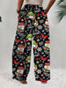 Plus Size Christmas Print High Waist Pants, Casual Patch Pockets Wide Leg Pants, Women's Plus Size Clothing