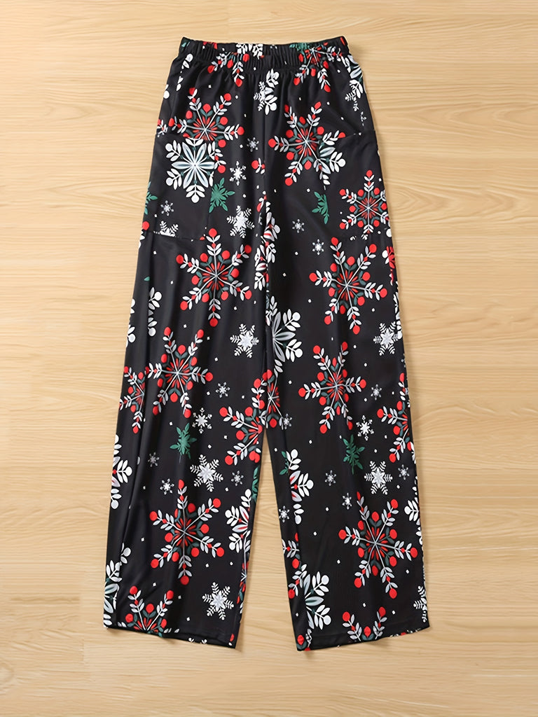 Christmas Allover Print Wide Leg Pants, Casual Slant Pockets Loose Pants, Women's Clothing