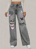 1pc Elegant Low Waist Wide Leg Jeans, DK8130, Ripped Denim with Printed Accents, Non-Stretch Solid Color, Button Fly, Long Pants for Weekend Casual, All Seasons