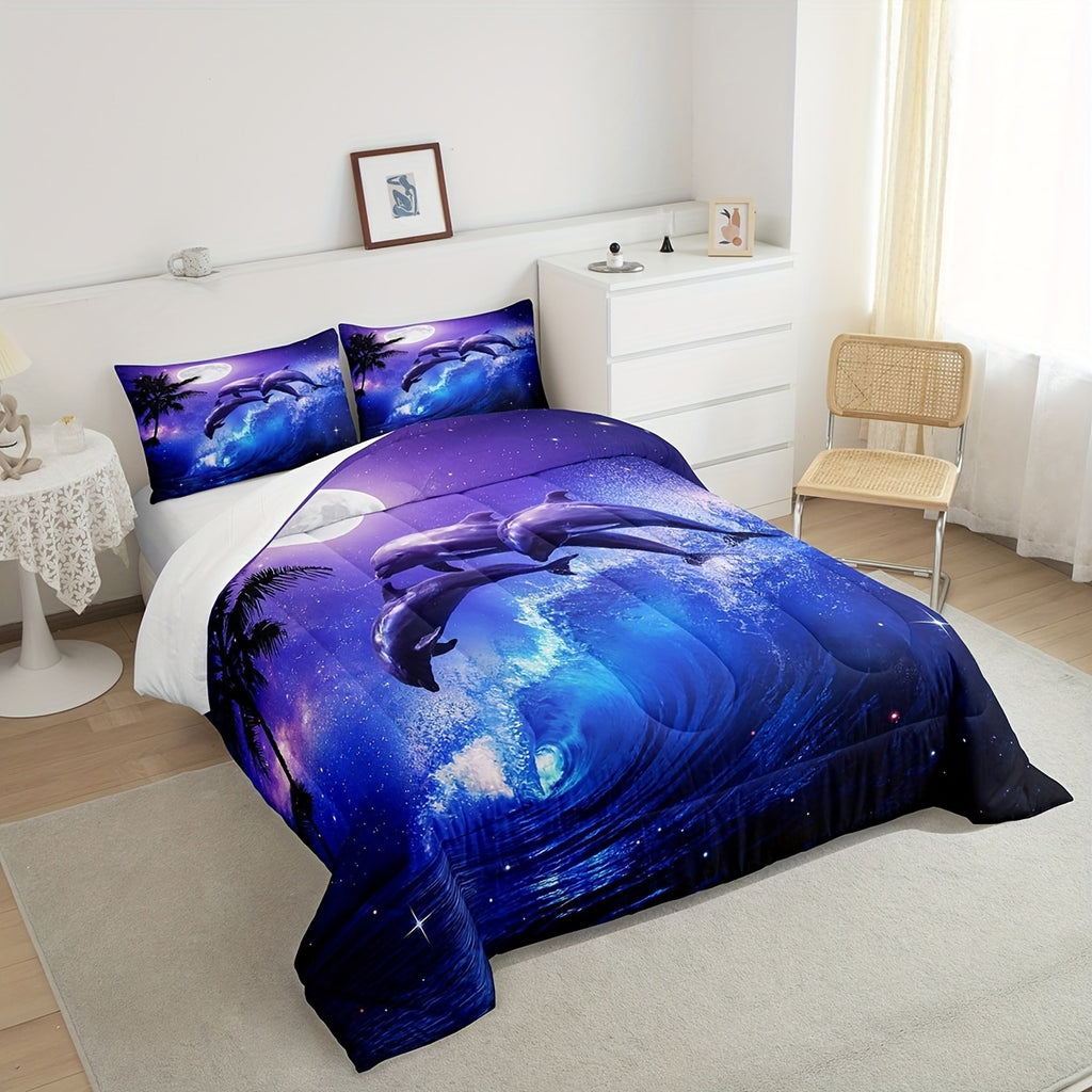 Castle Fairy Dolphin Comforter Set Twin/Full/Queen Size, Ocean Waves Duvet Insert For Women Men Room Decor, Moonlight At Night Quilted Duvet, Starry Sky Stars Quilt Cover With 1/2 Pillowcases, 2/3Pcs