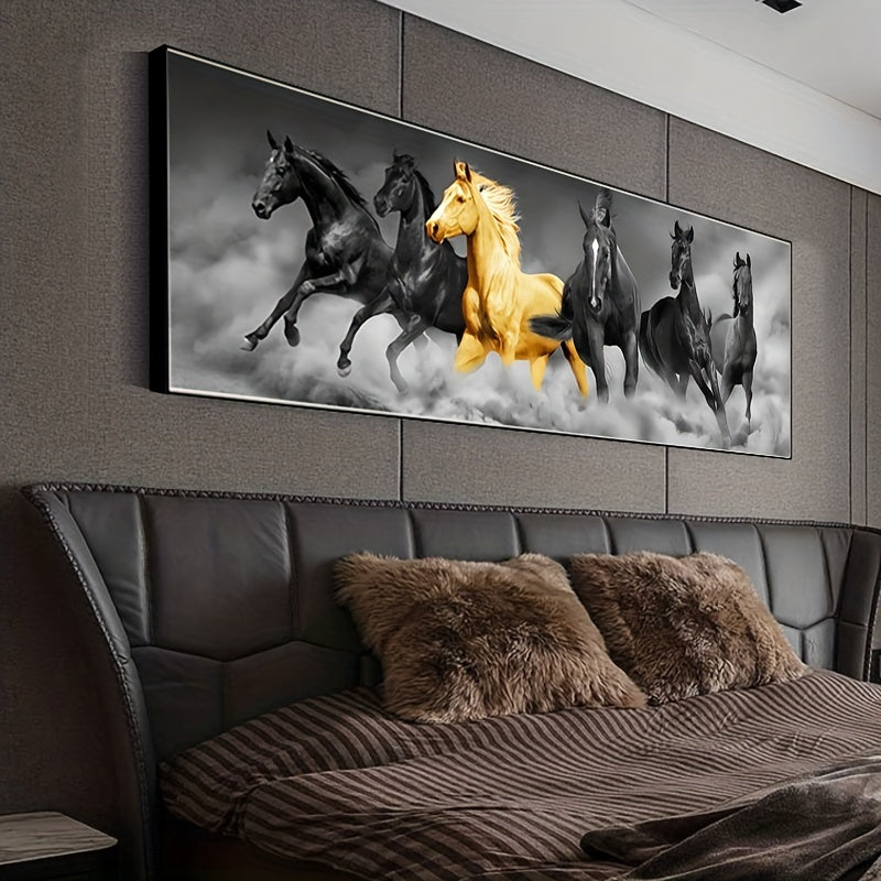 1pc Golden Canvas Painting, Stunning Six Running Horses Wall Art for Home Decor, Room Decor, and Bedroom Decor, Perfect for Animal Lovers and Art Enthusiasts