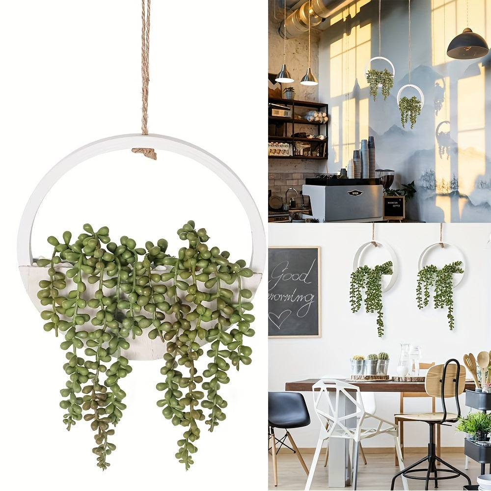 Charming Faux Succulent Wall Hanging - Artificial String of Pearls with Wooden Planter & Lanyard for Indoor/Outdoor Boho Decor