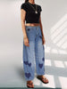 Women Mid Rise Barrel Jeans Heart Printed Wide Leg Denim Ankle Pants Vintage Baggy Boyfriend Jeans Streetwear