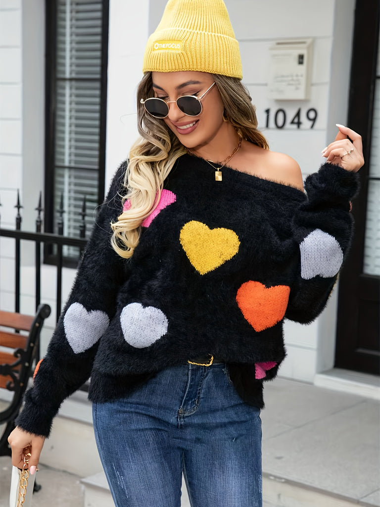 Heart Pattern Crew Neck Fleece Sweater, Valentine's Day Long Sleeve Cozy Pullover Sweater, Women's Clothing