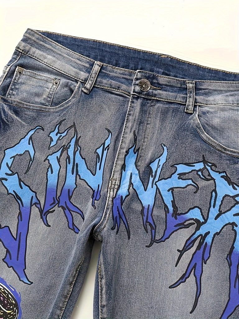 Men's Casual Graffiti Print Jeans, Chic Street Style Straight Leg Denim Pants