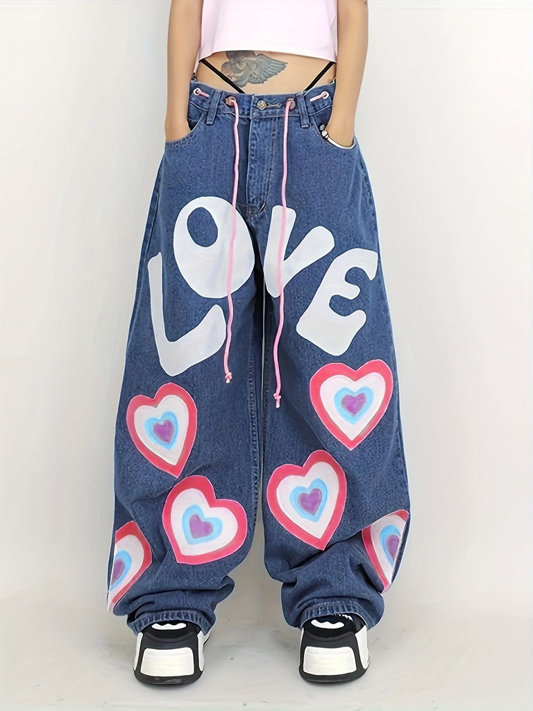 Bopoft American Vintage Jeans Women's Street Style Love Graffiti Print Loose Skinny Jeans High Waist Tie Casual Straight Leg Pants Lazy Aesthetics Hot Girls Trendy Floor Mopping Wide Leg Pants Hip Hop Street Casual Versatile Cargo Pants Sports Pants