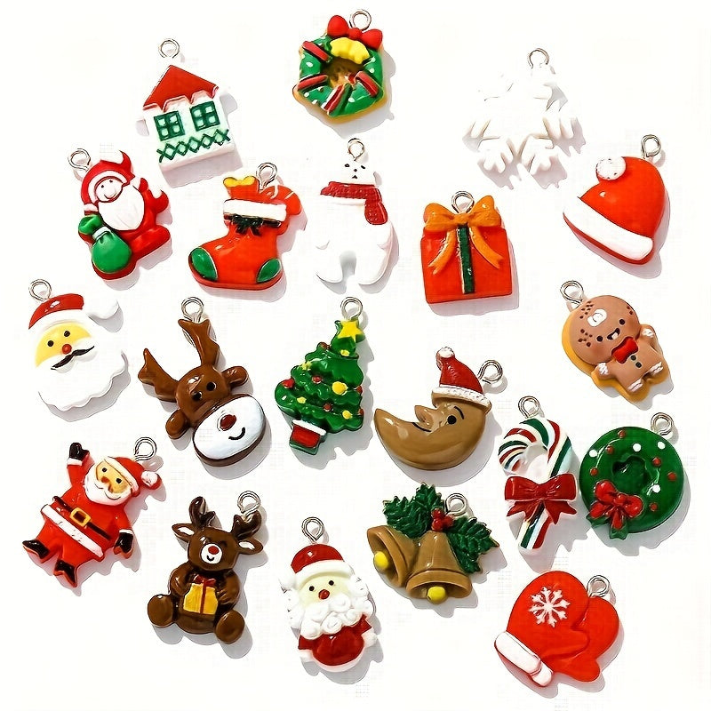 20-Piece Resin Christmas Tree Ornaments Set - Santa Claus, Snowman, Reindeer, Candy Cane, Stocking, Gift Box Designs - DIY Holiday Decoration Accessories for Christmas and New Year Celebrations