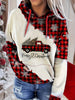 Plaid Car & Tree Print Drawstring Hoodie, Casual Long Sleeve Drop Shoulder Hoodie, Women's Clothing