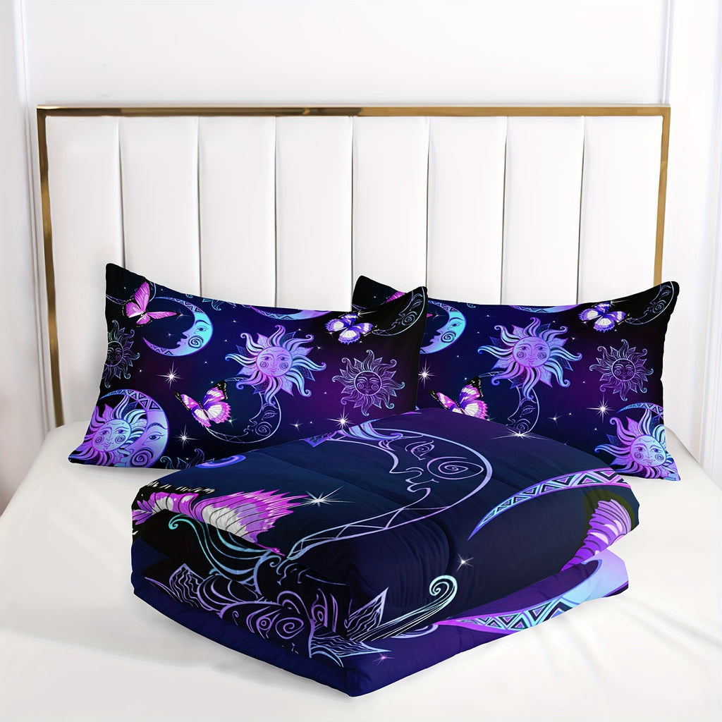 Sun and Moon Comforter Set, Butterfly and Star Bedding Set, 3D Printed Bohemian Gothic Duvet with 2 Pillowcases