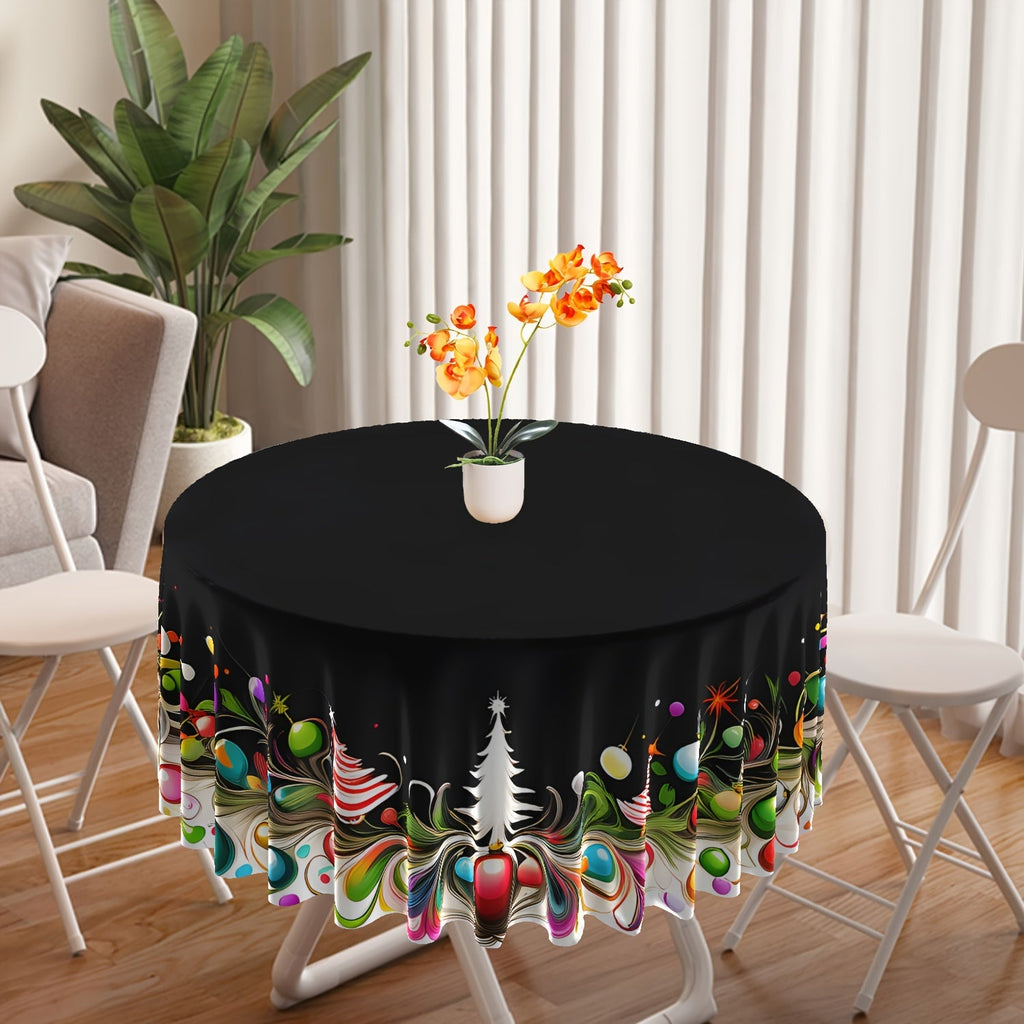 Christmas Tree and Ornament Design Round Tablecloth, Cartoon Polyester Fabric, Machine Woven, Festive Holiday Table Cover, 63 Inch Diameter, Black with Colorful Christmas Style Decoration for Dining and Outdoor Picnics