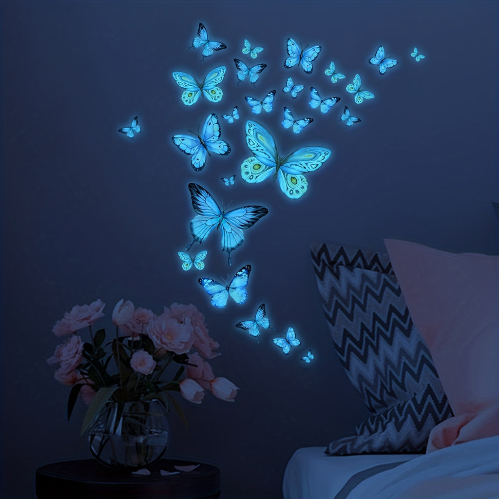 25pcs Vibrant Blue Butterflies Glow-in-the-Dark Stickers - Radiant Design, Waterproof, Detachable, Self-Adhesive Vinyl Decor for Living Room, Bedroom, Bathroom Walls, and More - Transform Your Space with Nighttime Beauty